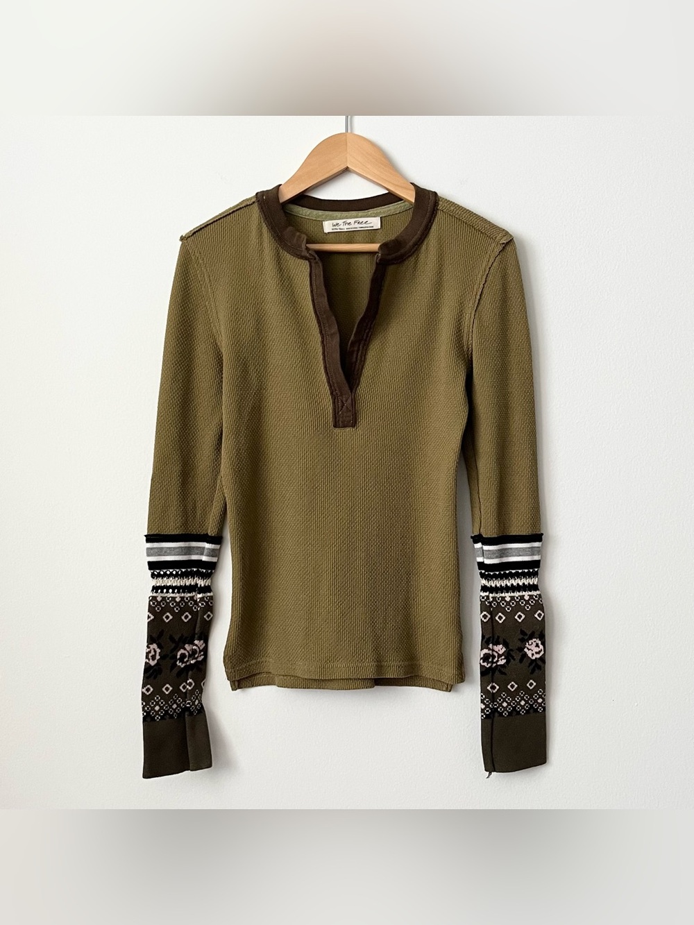 We The Free Women's Mikah Thermal Waffle Knit Top Knit Cuff Army Green XS Boho - Picture 2 of 10